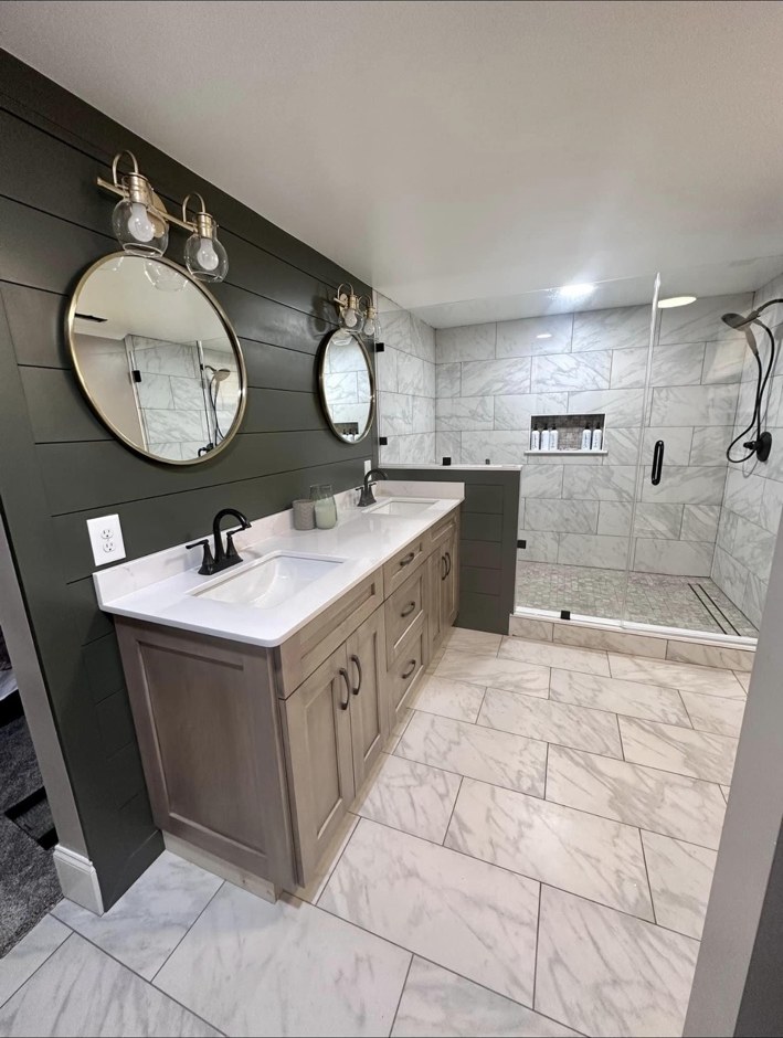 Bathroom remodel with tile and a double vanity