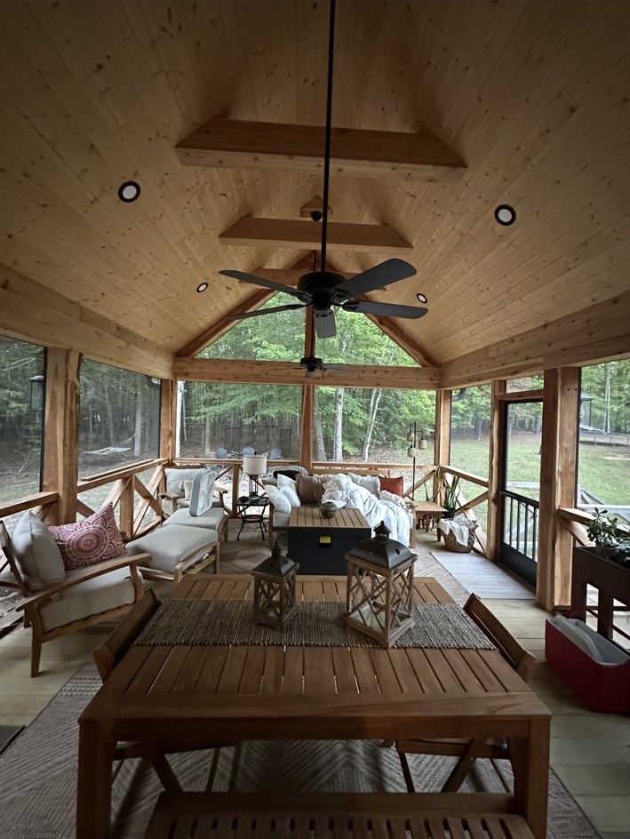 Screened porch with vaulted wood ceiling